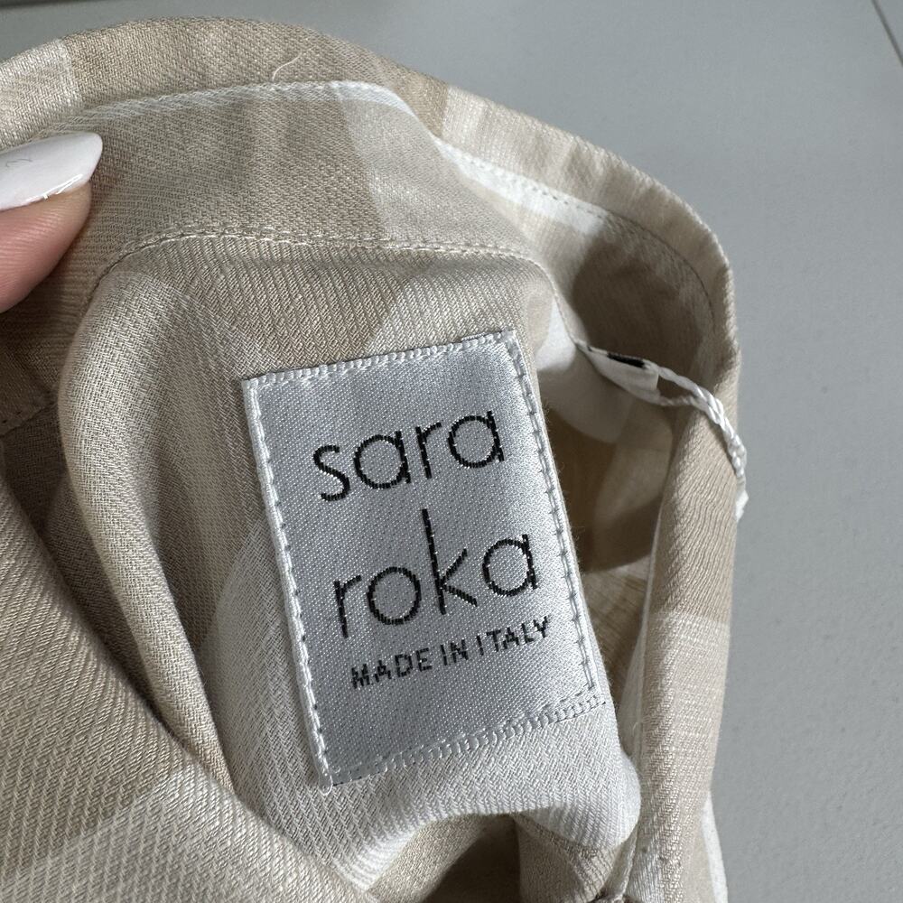 Sara Roka Drake Belted Dress‎ Womens 40 Beige Linen Gingham Shirt Midi Cottage - Picture 7 of 16